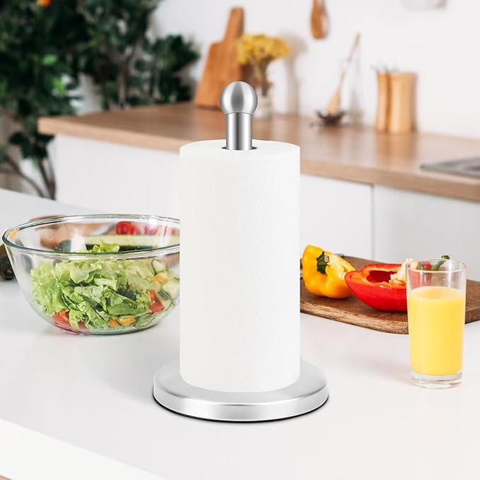 Paper Towel Holder, Kitchen Paper Towels Holder Stand, Stainless Steel Paper Towel Holder -Weighted Base, Non-Slip Protect The countertop - Silver