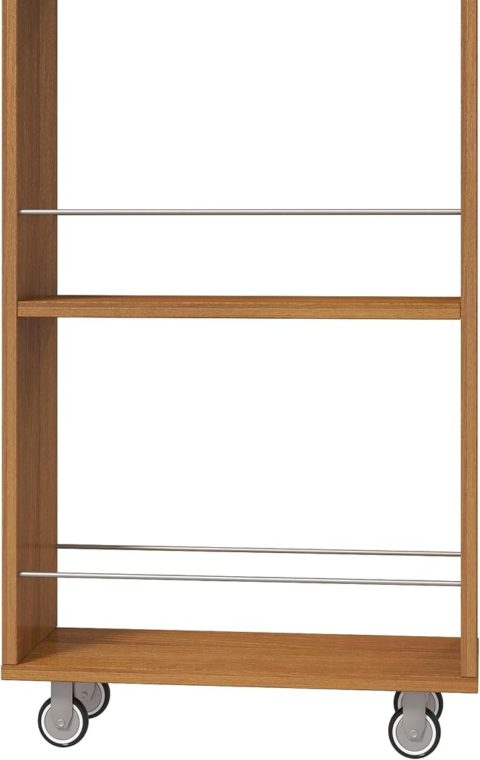 7-Tier Slim Pull-Out Storage Cart with Wheels – Multi-Functional Mobile Organizer, 7 Open Shelves + Top, Adjustable Height, Protection Bars, Perfect for Kitchen, Living Room & Narrow Spaces (Oak)