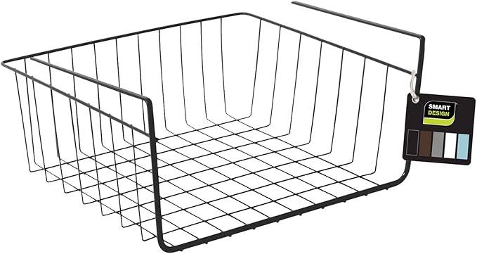 Smart Design Undershelf Storage Basket - Small - Snug Fit Arms - Steel Metal Wire - Rust Resistant - Under Shelves, Cabinet, Pantry, and Shelf Organization - 12 x 5.5 Inch - Black