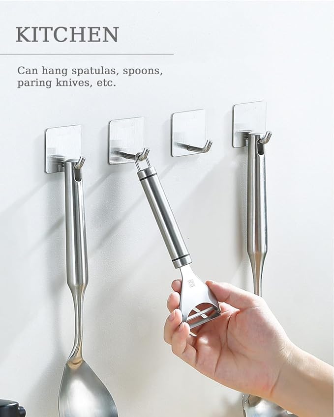 EDMILE 8 Pack Adhesive Wall Hooks, Self-Adhesive Hooks for Bathroom, Door Back Stick-On Towel Hooks, Hanging Coat Hat Key Washcloths Aprons Oven Mitts for Kitchen Shower Garage Home, Silver