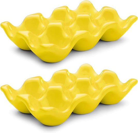 Flexzion Porcelain Egg Crate - 6-Capacity Ceramic Tray, Half Dozen Holder for Fridge, Countertop Display - Yellow Decorative Serving Dish and Storage Organizer, 2 Pack