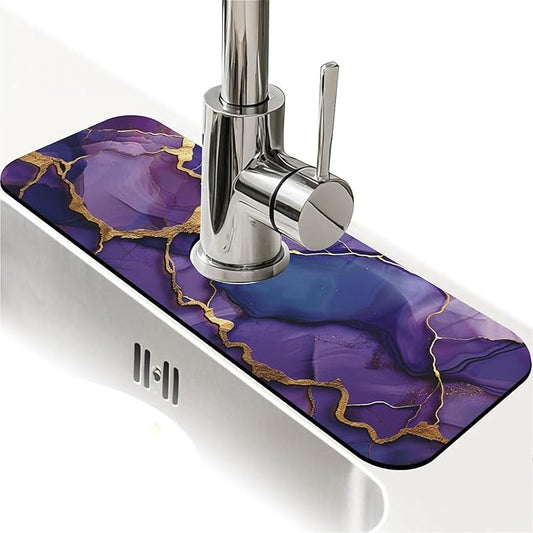 Kitchen Sink Splash Guard，Deep-purple gold marble Faucet Mat Sink Gadgets-Super Absorbent Fast Drying Mat Drip Catcher for Kitchen, Bathroom,Sink Mat, Dish Drying Mat, Bathroom(15" X 5.5" )