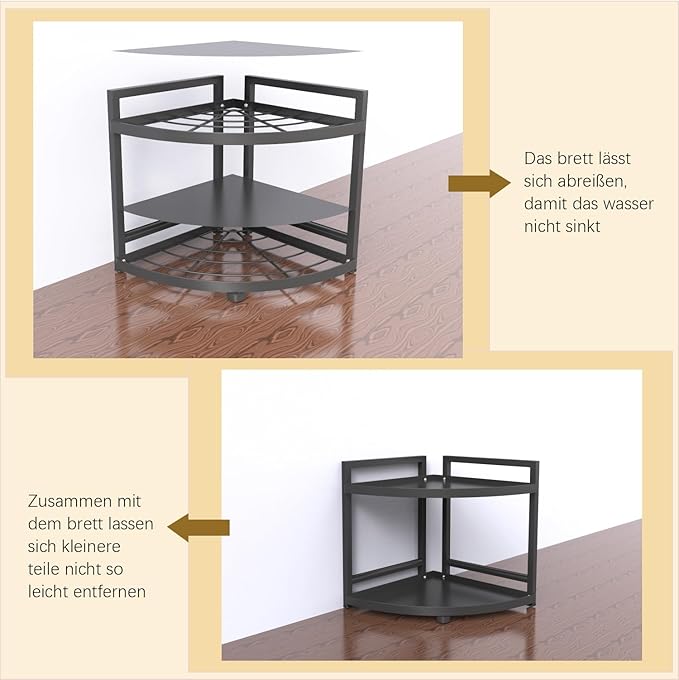HUIJIN RA01 90° Corner Shelf for Kitchen - Space-Saving Spice Rack, Pot & Pan Organizer, Under Sink Storage - Sturdy Iron Tiered Shelves-2 Tier