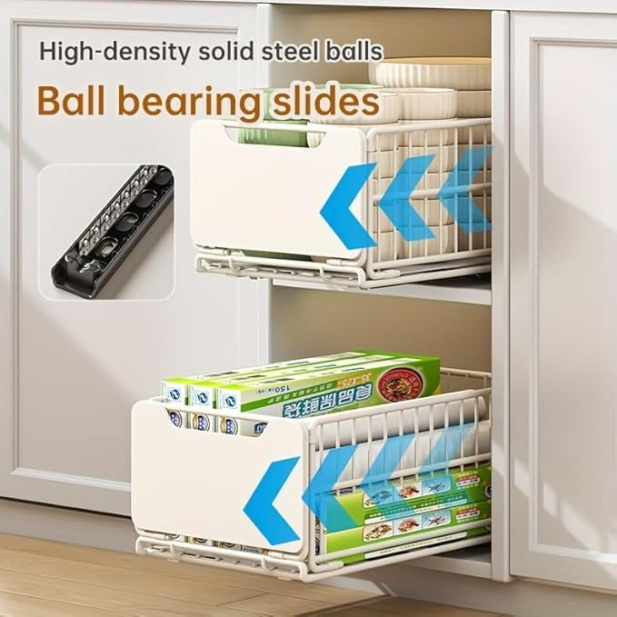 Pull Out Cabinet Organizer Fixed with Adhesive Nano Film, 1 Pack Sliding Mesh Cabinet Basket with Handle, Heavy Duty Slide out Pantry Shelves Drawer Storage for Home, Kitchen, Bathroom, Cream