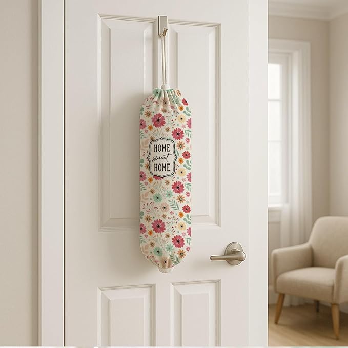 Plastic Bag Holder, Home Sweet Home Plastic Bag Holder for Kitchen Essentials, Bags Holders for Plastics Bags Groceries Store, Floral Reusable Grocery Sack Storage Dispenser to Kitchen Decor