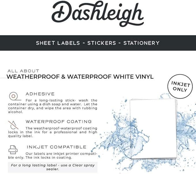 Dashleigh 1x5 Inch Waterproof Labels - (70 Pack) - Printable Vinyl Full Wrap Labels for 1 oz Jars, 2 oz Bottles, Cosmetics & Inkjet Printers