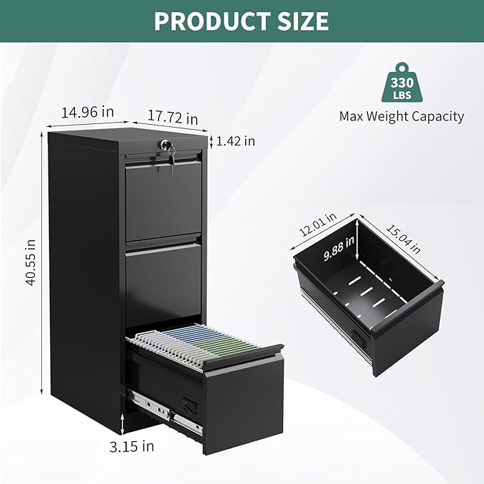 3-Drawer Metal Filing Cabinet with Lock, Vertical Heavy Duty Steel File Organizer for Home Office, Secure Storage for Letter, Legal, A4, F4 Documents – Professional Office Furniture, Black