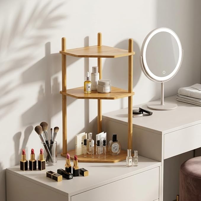 Expandable Bamboo Corner Shelf - Dish/Plate Organizer for Cabinet, Kitchen Counter Shelf & Small Kitchen Shelf, Adjustable (1, 3Tier-11.4" H)