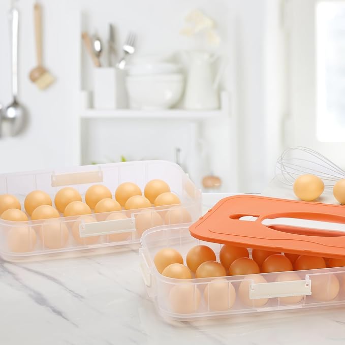 BTSKY Deviled Egg Platter with Lid, 2-Layer 36 Slots Deviled Eggs Carrier, Clear Portable Egg Holder for Fridge Reusable Deviled Eggs Tray Carton Box for Easter and Party Favor (2-Layer, Orange)