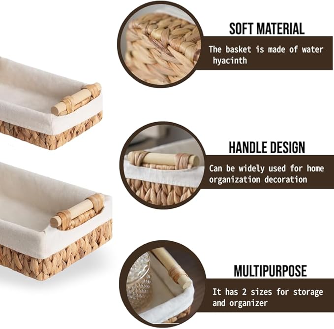 Water Hyacinth Woven Storage Baskets with Wooden Handles, Natural Decorative Organizer Bins with Liner for Bathroom, Countertop, Shelf & Toilet Tank – Set of 2