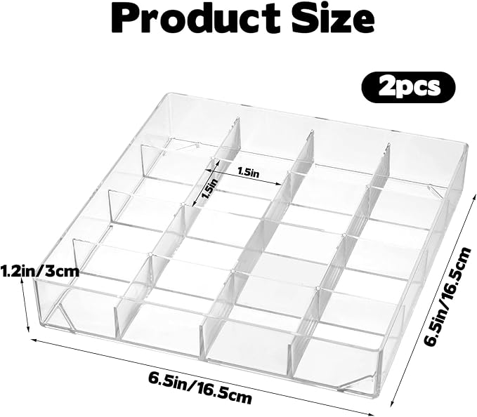 Rainmae 2 Pack 16 Grids Jewelry Organizer Box Clear Plastic Bead Craft Jewelry Organizer Display Tray Rock Collection Box Stackable Acrylic Storage Case for Rings Earrings Necklaces Rhinestone