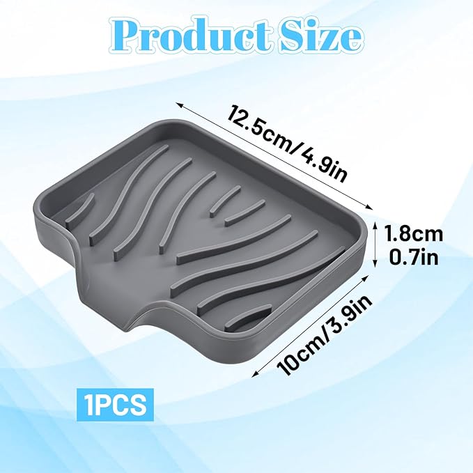 Grevosea Kitchen Sink Sponge Holder, Silicone Dish Sponge Holder with Drain Spout Soap Dish Tray for Shower Bathroom Scrubbers Kitchen Sink Organizer Accessories (Grey, 4.9x3.9 Inch)