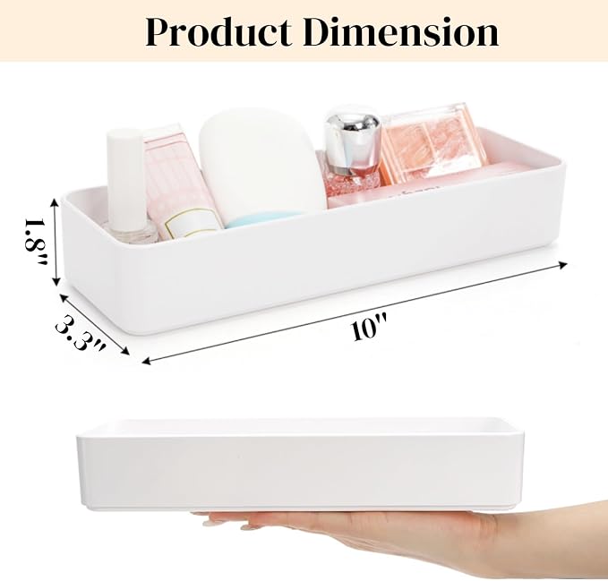 6 Pack Plastic Drawer Organizer, 10'' x 3.3'' x 1.8'' White Stackable Vanity Storage Tray, Narrow Rectangular Organizer Bins for Makeup, Bathroom, Kitchen, Office Desktop Supplies