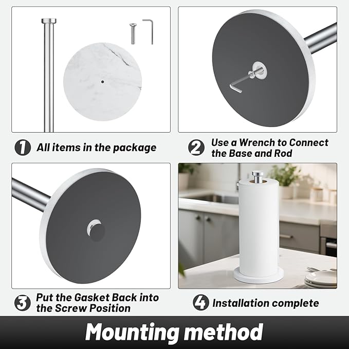 VEHHE Marble Paper Towel Holder for Kitchen Countertop, Standing Paper Towel Stand with Weighted Base & EVA Non-Slip Pad, for Bathroom or Kitchen (Silver)