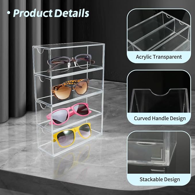 RETON 5 Sets Acrylic Sunglasses Organizers with 20 Drawers, Clear Eyeglass Holder for Glasses Display, Plastic Makeup Storage for Eyewear Watch Art Craft Cosmetic Jewelry Office Desktop