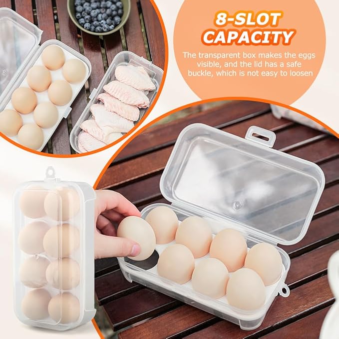 JIANWEI Egg Holder Camping, Shockproof 8 Grid Egg Container Clear Portable Egg Tray with Lid Plastic Egg Carrier for Refrigerator, Egg Storage Case for Camping Picnic Travel(White)