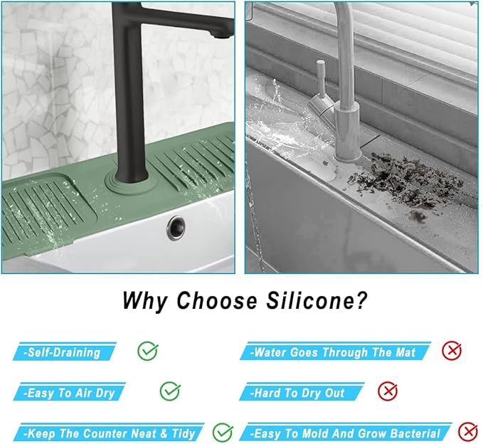 Sink Splash Guard, Silicone Sink Faucet Mat Sink Accessories Faucet Absorbent Mat for Kitchen, Bathroom, Sink Sponge Holder (Green)