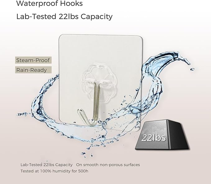 Adhesive Wall Hooks,Heavy Duty Hooks for 22lb, Clear No Drill Wall Hooks for Tile Glass, Waterproof & Removable, Home, Bathroom, Kitchen, Office, and Outdoor 10 Pack