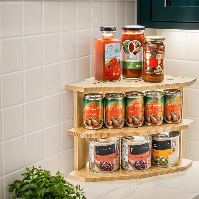 Goaste 3 Tier Cabinet Organizer Shelf, Wood Corner Rack for Kitchen Counter, Space Saving Corner Shelf Organizer for Plates Dishes Bowls Bread, Pantry Bathroom Storage, Home & Housewarming Gift
