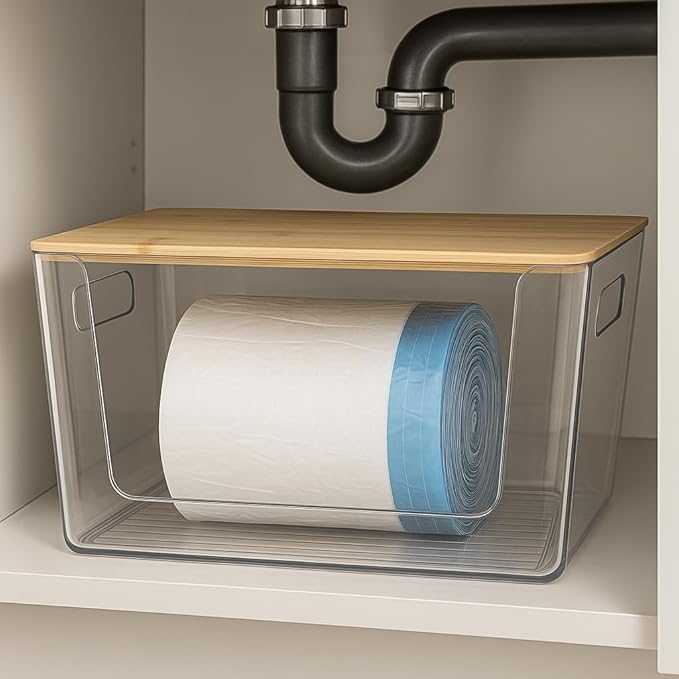 CiWiVOKi 4 Pack Clear Stackable Potato & Onion Storage Bins - Trash Bag Holder Dispenser Under Sink Organizer for Pantry, Kitchen Countertop - Trash Bag Dispenser with Bamboo Lid for 4-13 Gal Bags