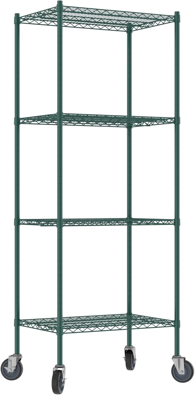 Commercial NSF Listed Green Epoxy Mobile Wire Shelving Kit 21" x 30" x 80", with 4 Shelves Perfect for Warehouse, Walk-in Refrigerator, Freezer, Grocery Store, Restaurant, Dishroom