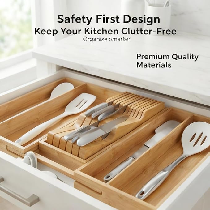Culinary Edge Bamboo In-Drawer Knife Block Organizer | Space-Saving Knife Drawer Insert for Safe Blade Storage | Eco-Friendly Bamboo Knife Organizer for Kitchen Drawers