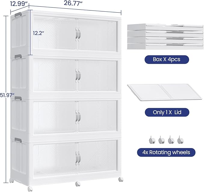 480QT Extra Large Stackable Storage Bins with Lid, 120Gal Plastic Closet Organizers and Storage Drawer, Collapsible Cabinet Box with Wheels Clear Doors for Home Kitchen Office, 4Pack White