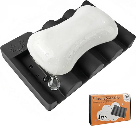 Silicone Soap Dish,Self Draining Soap Holder Perfect for Shower,Bathroom Sink,Kitchen Sink & Travel,Non-Slip Bar Soap Holder Extend Soap Life,Keep Soap Bars Dry Clean (Black-1Pcs)