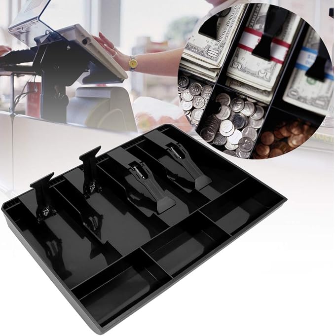 Cash Register Drawer Insert Tray with 4 Bill/3 Coin Compartments for Money Storage, Black