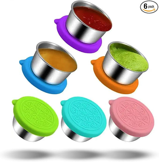 Pack of 6 Salad Dressing Container To Go: Small Condiment Containers with Lids, Reusable Stainless Steel Sauce Cups, Leakproof Silicone Lids for Bento Box, Picnic and Travel (Multi Color - 2.36oz)