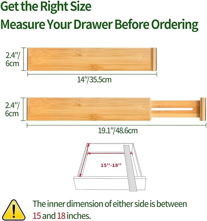 Bamboo Drawer Dividers – Adjustable length from 14 inches to 19.1 inches, spring-loaded expandable storage dividers, suitable for kitchens, bedrooms, offices, and bathrooms. Please(6 partition boards)