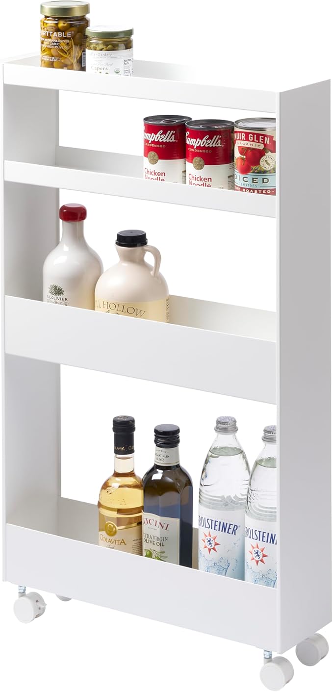 YAMAZAKI Home Tower Slim 4-Tier Rolling Storage Cart – Mobile Organizer for Kitchen Or Bathroom, 31.7" - Steel -