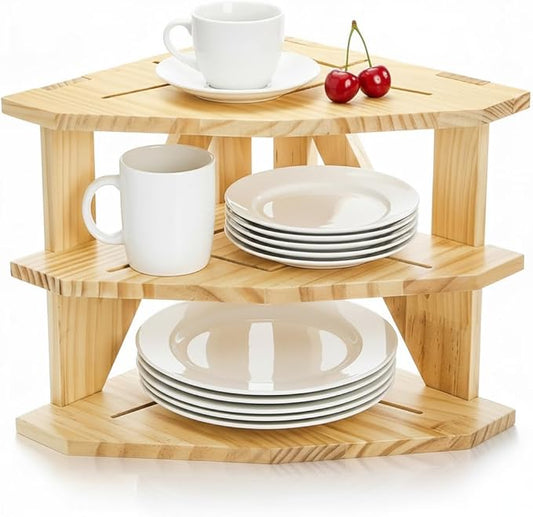 Goaste 3 Tier Cabinet Organizer Shelf, Wood Corner Rack for Kitchen Counter, Space Saving Corner Shelf Organizer for Plates Dishes Bowls Bread, Pantry Bathroom Storage, Home & Housewarming Gift