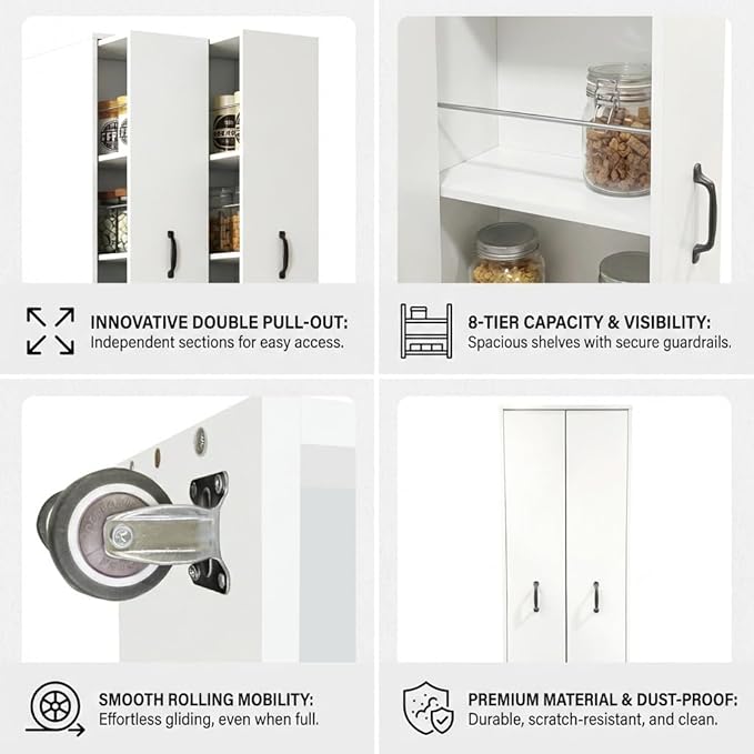 Double Pull Out Pantry Cabinet with Wheels, Slim Rolling Storage Cart for Kitchen, Freestanding 4-Tier Dual Slide Out Organizer for Laundry Room, Space Saving Wood Rack with Guardrails, 62"H White