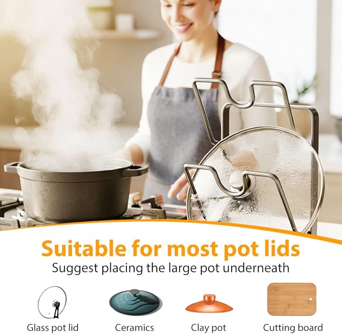 Kitchen Pot Lid Storage Rack, 2026 New Stainless Steel Pot Lid Holder While Cooking, Multifunctional Pot Lid Organizer Rack with Multipurpose Wire Dishwashing Rags for Kitchen (White, Double Layer)