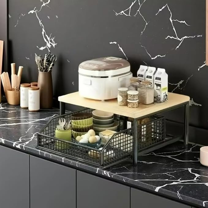 Kitchen Countertop Organizer with Drawer & Wire Basket, 3-Layer Fruit Storage Basket Snack Rack Hardwood, Desktop Pull-Out Metal Organizers for Coffee Maker Microwave Toaster & Spices (2-Layer White)