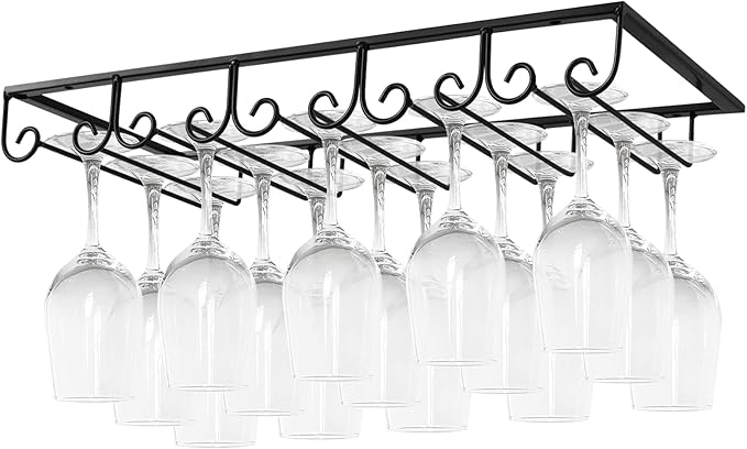 MOCOUM Under Cabinet Wine Glass Rack Stemware Rack, Wine Glasses Hanger Rack Wire Wine Glass Holder Storage Hanger for Cabinet Kitchen Bar (Black, 5 Rows 1 Pack)