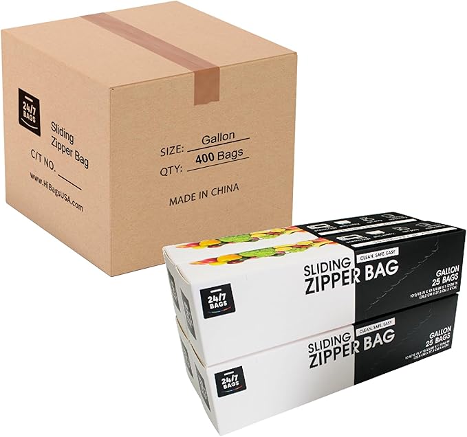 Gallon Slider Storage Bags- 400 Count, Featuring Expandable Bottom, Zero BPA, Microwave-Safe(16 boxes of 25)