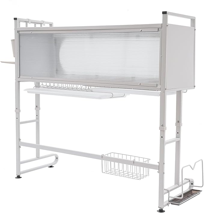 Over The Sink Dish Drying Rack, 3-Tier Kitchen Dish Drainer Rack Height Adjustable Dishware Holder Utensil Organizer Metal Storage Shelf for Countertop