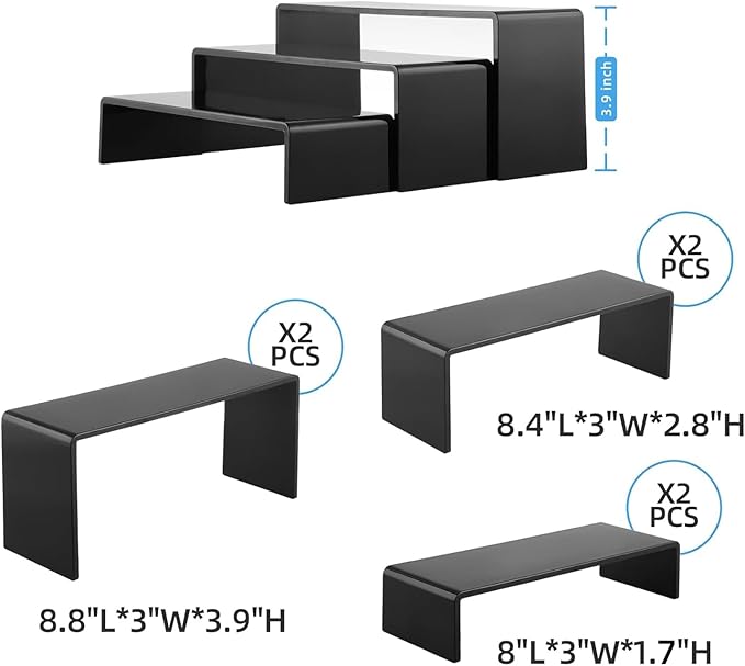 Goabroa Black Acrylic Display Risers, 3 Tiers 2 Set (6 Pcs) Acrylic Shelves Organizer Display Stand, Conutertop Desktop Stands for Decoration and Organizer