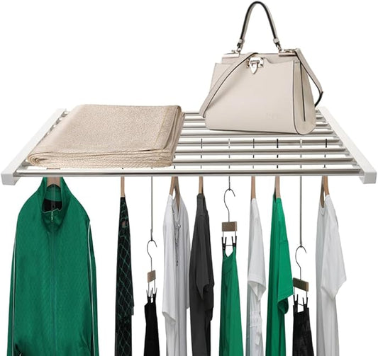 Hershii Extendable Closet Shelf Wardrobe Rail Metal Hanging Rod Storage Rack Expanding Clothes Divider Separator Organizer for Cabinet Cupboard Kitchen Bathroom, (29.52''-51.18'') X 16.82''