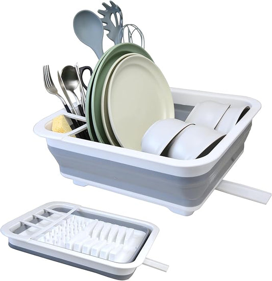 Collapsible Dish Drainer with Drain Plug and Swivel Spout, Space-Saving, Portable Dish Rack for Kitchens, RVs, Campers and Travel Trailers