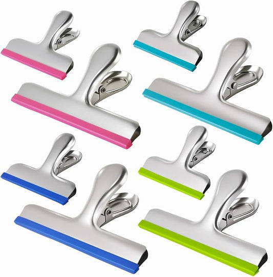 HOUSE AGAIN 8 Pack Stainless Steel Chip Bag Clips Covered with Silicone - NO More Sharp Edges - Color Coded for Upgrade Wide Open Food Bags, Heavy Duty for Kitchen and Office, (4 x L, 4 x S)