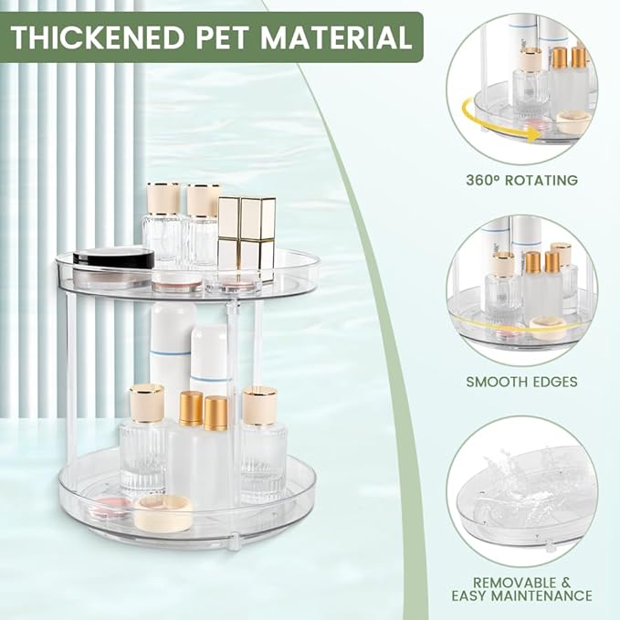 360 Clear Rotating Makeup Organize for Vanity,2 Tiers Lazy Susan Large-Capacity Skincare Organizers Cosmetic DisplayCase Organizer for Dresser, Countertop, Bathroom, Cabinet, Kitchen, Fridge (2Tiers)