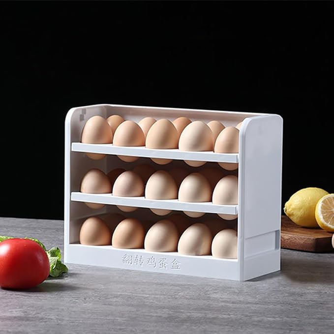 GARVALON 3-tier White Egg Storage Rack for Refrigerator Side Door Household Freezer Egg Organizer Tray Kitchen Holder Container for Preservation and Fridge Organization