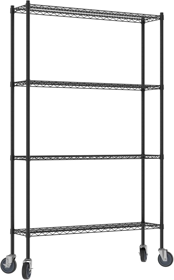 Commercial NSF Listed Black Epoxy Mobile Wire Shelving Kit 12" x 48" x 80", with 4 Shelves Perfect for Warehouse, Walk-in Refrigerator, Freezer, Grocery Store, Restaurant, Dishroom