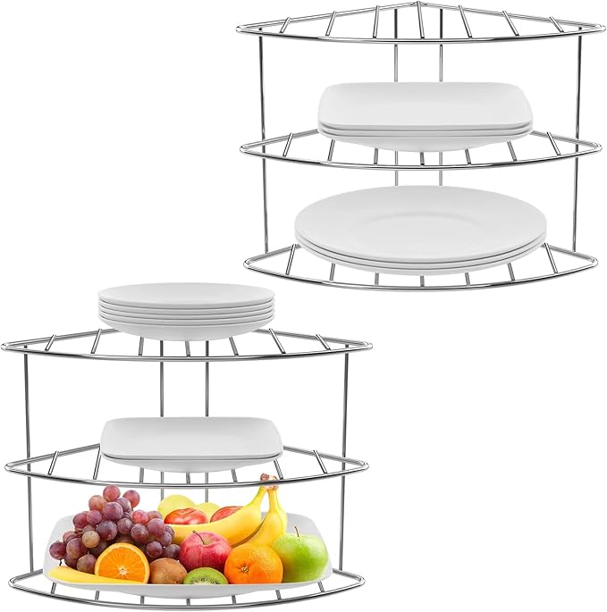 3-Tier Kitchen Details Corner Shelf Organizer | Cabinet & Countertop Storage | Plates | Cups | Bowls (2, Chrome)
