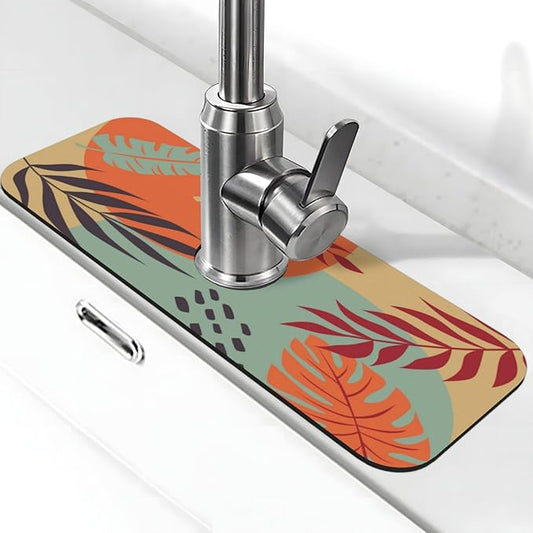 Boho Bohemian Abstract Floral Leaves Kitchen Sink Splash Guard Faucet Mat Super Absorbent Fast Drying Mat Sink Gadgets-Fast Drying Pad Sink Mat For Kitchen Bathroom (15" X 5.5" )