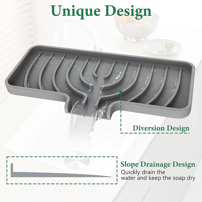 GUUKIN Sponge Holder for Kitchen Sink, 9.8"×4.9" Silicone Sponge Holder, Soap Tray with Drain, Dish Soap Mat for Shower Bathroom, Perfect for Dispenser,Scrubber,Bottle,Cup on Sink or Counter (Grey)