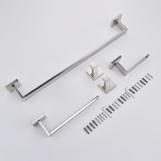TASTOS 5-Piece Bathroom Hardware Set Wall Mounted Bathroom Accessory Set, Premium Stainless Steel Robe Hook Toilet Paper Holder 24-Inch Towel Bar (Polished)